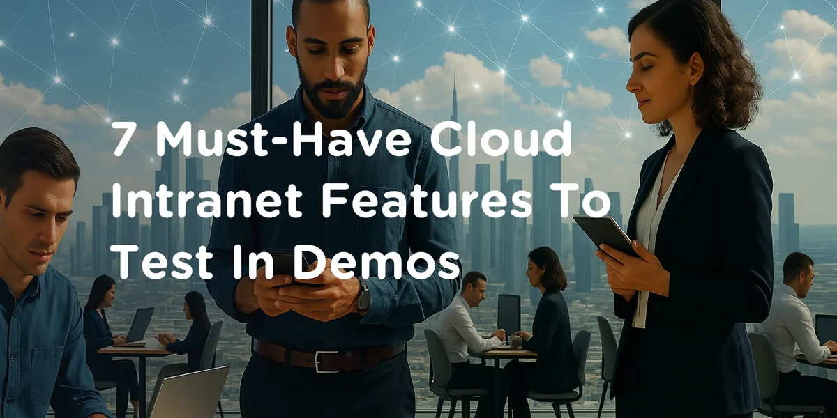 Keep the same scene, office, people and skyline, illustrating 7 Must-Have Features in Cloud-Based Intranet Software